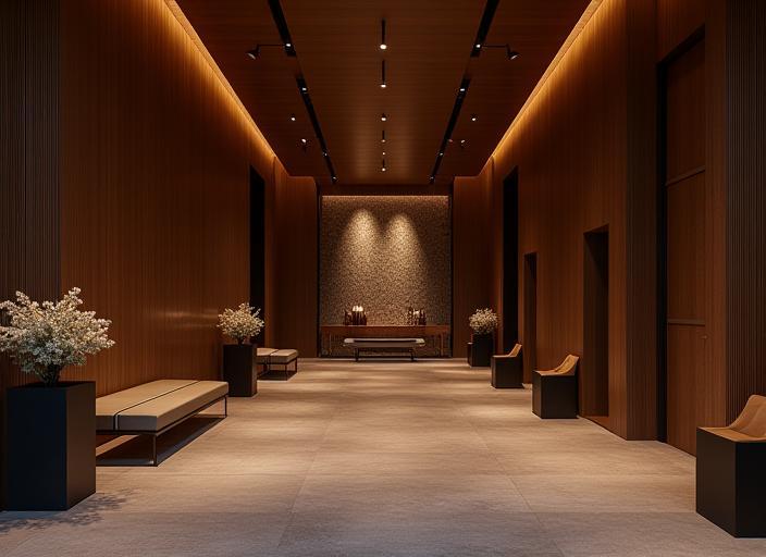 Hotel lobby with custom lighting and decor