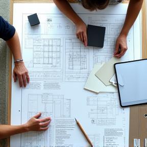 Plans and material samples on design table